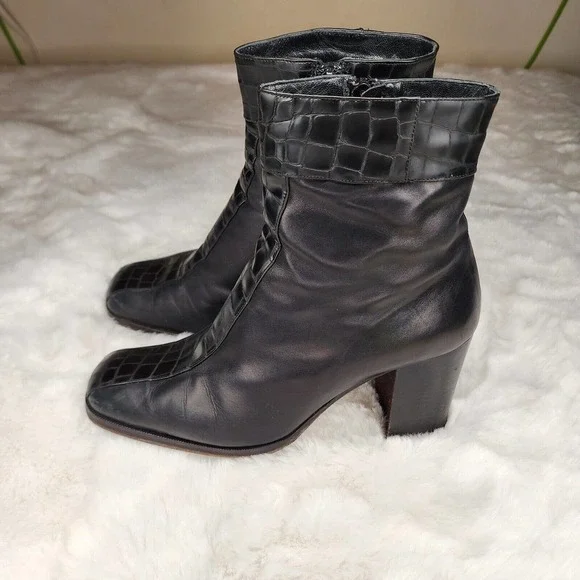 Made in Italy Black Croc Boots 39 (8.5) Womens Sherpa Square Toe Leather Vintage - Picture 4 of 8